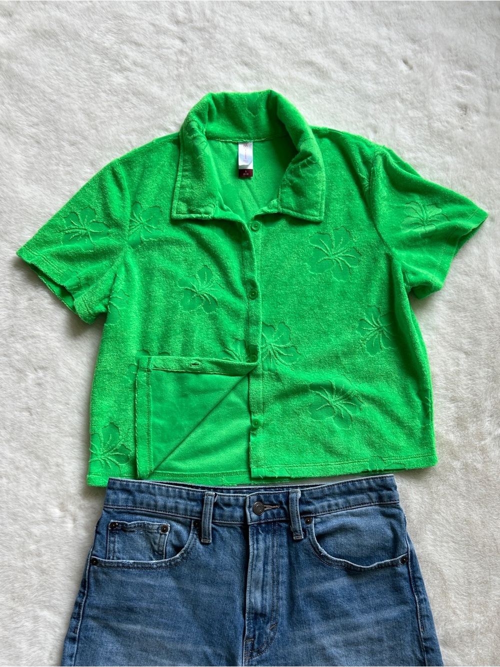 No Boundaries Bright Green Embroidered Terry Button-Down Top